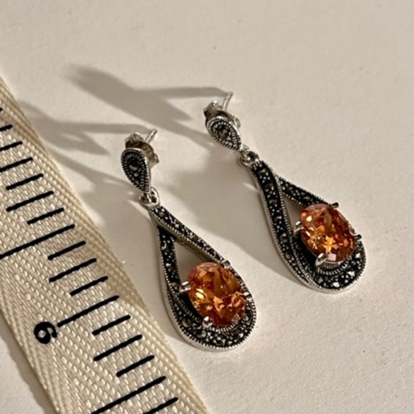Vintage Oval Tourmaline Gemstone Marcasite Sterling Silver Earrings - Picture 3 of 4